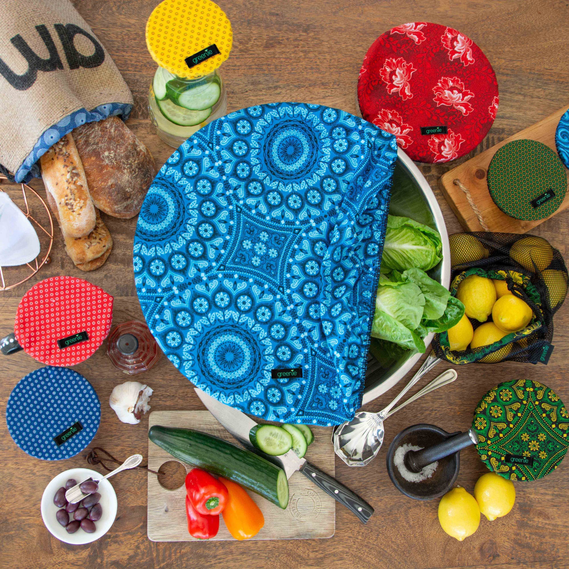 Six food covers of various sizes. Handmade from 100% locally cotton Shweshwe.