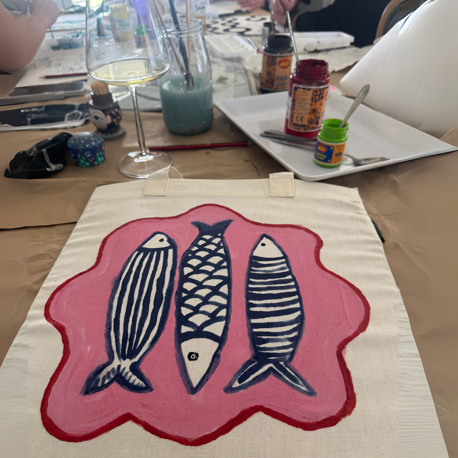 Hand Painted Greenie Doodle Tote with sardines